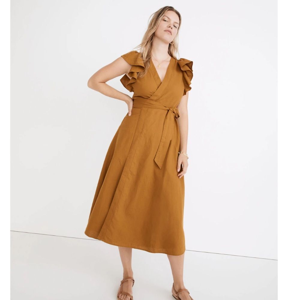 Madewell Linen Blend Ruffle-Sleeve Wrap Midi Mustard Yellow Dress XS